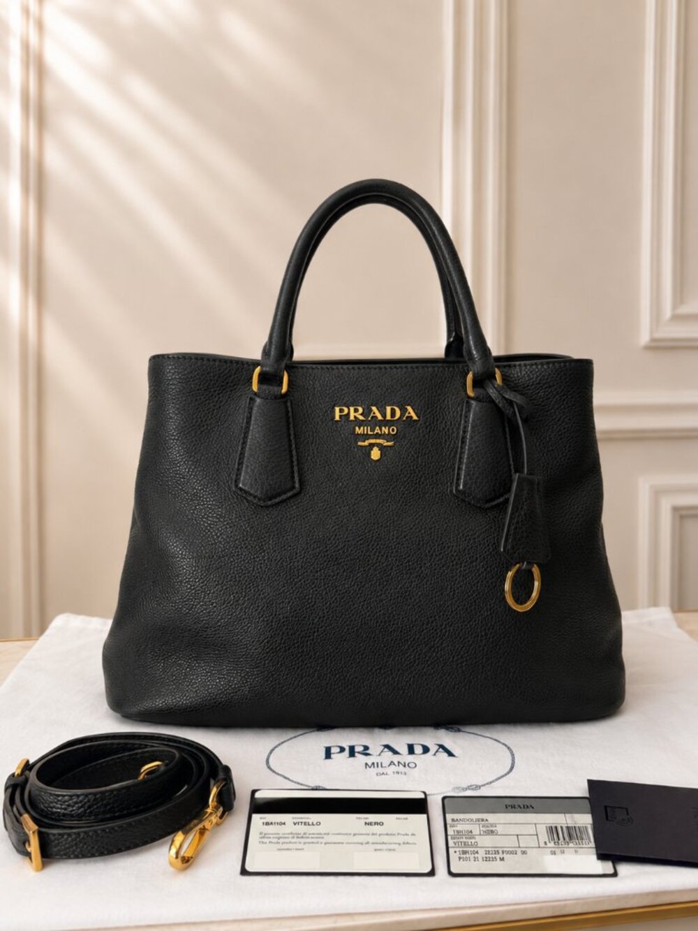 Prada Vitello Phenix Black Leather Tote 1BG865 | Authentic + Complete Set